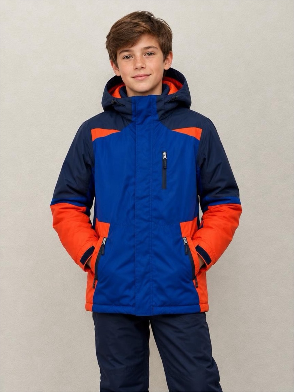 Lands End Kids Jacket Sz L blue orange color block rain resistant hooded pockets